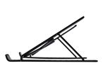 Black laptop stand with adjustable height and angle, side view.