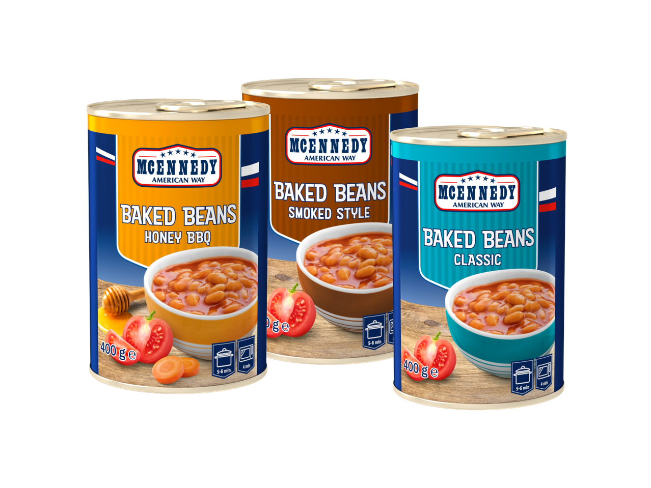 Tri konzerve pasulja u različitim ukusima: medeni roštilj, dimljeni i klasični.