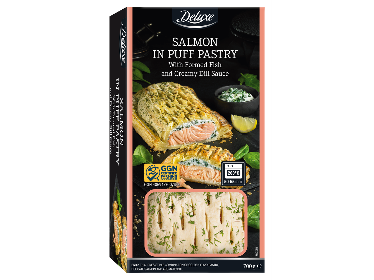 Deluxe Somon în Aluat Foietaj cu Pește Format și Sos Cremă de Mărar, 700g