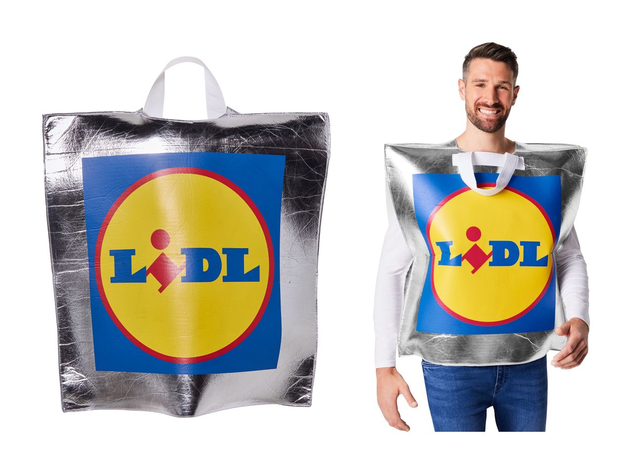 En sølvfarvet indkøbspose med et rundt logo og en mand, der bærer den som et kostume.