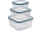 Three clear plastic food storage containers with blue lids, stacked on top of each other.