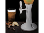 Beer dispenser, beer in glass, chips and snacks.
