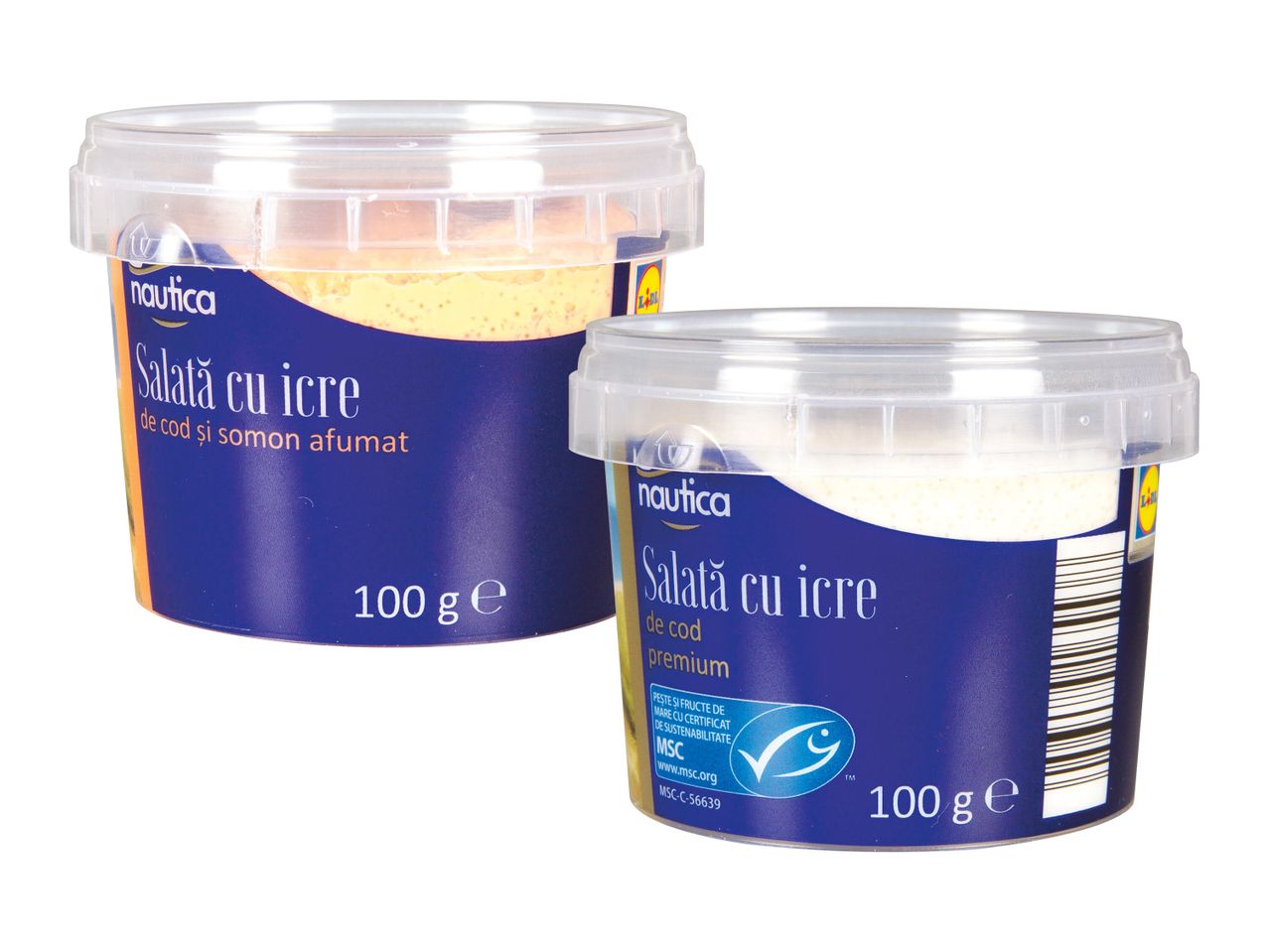 Două recipiente cu salată de icre Nautica, cu somon și cod.