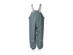 Children's waterproof dungarees in a teal color with reflective strips and adjustable straps.