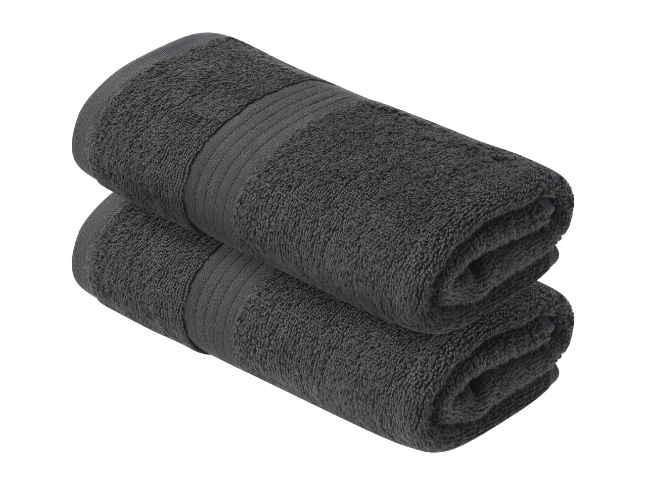 Two dark grey, folded bath towels stacked on top of each other.