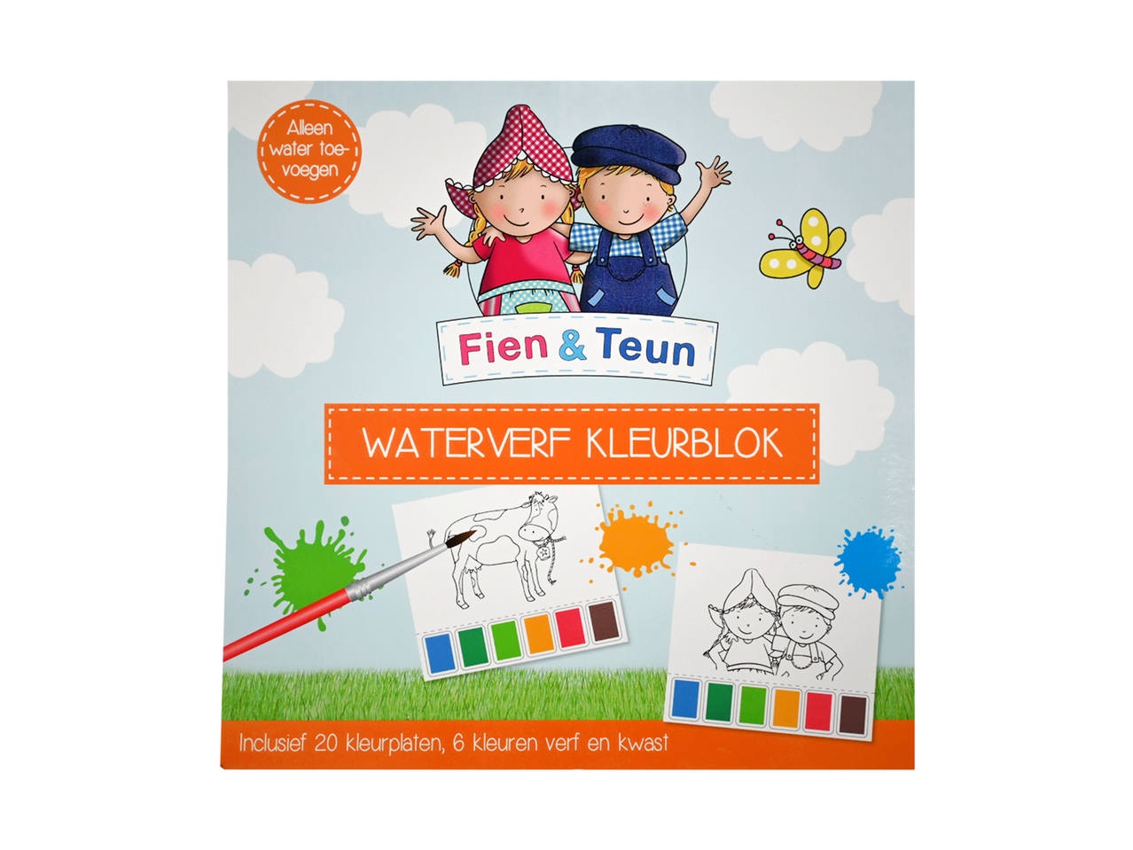 Waterverf kleurblok met 20 kleurplaten, 6 kleuren verf en een kwast.