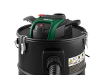 A black and green wet/dry vacuum cleaner with a hose and warning labels.