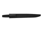 A black knife with a black sheath, viewed from above on a white background.