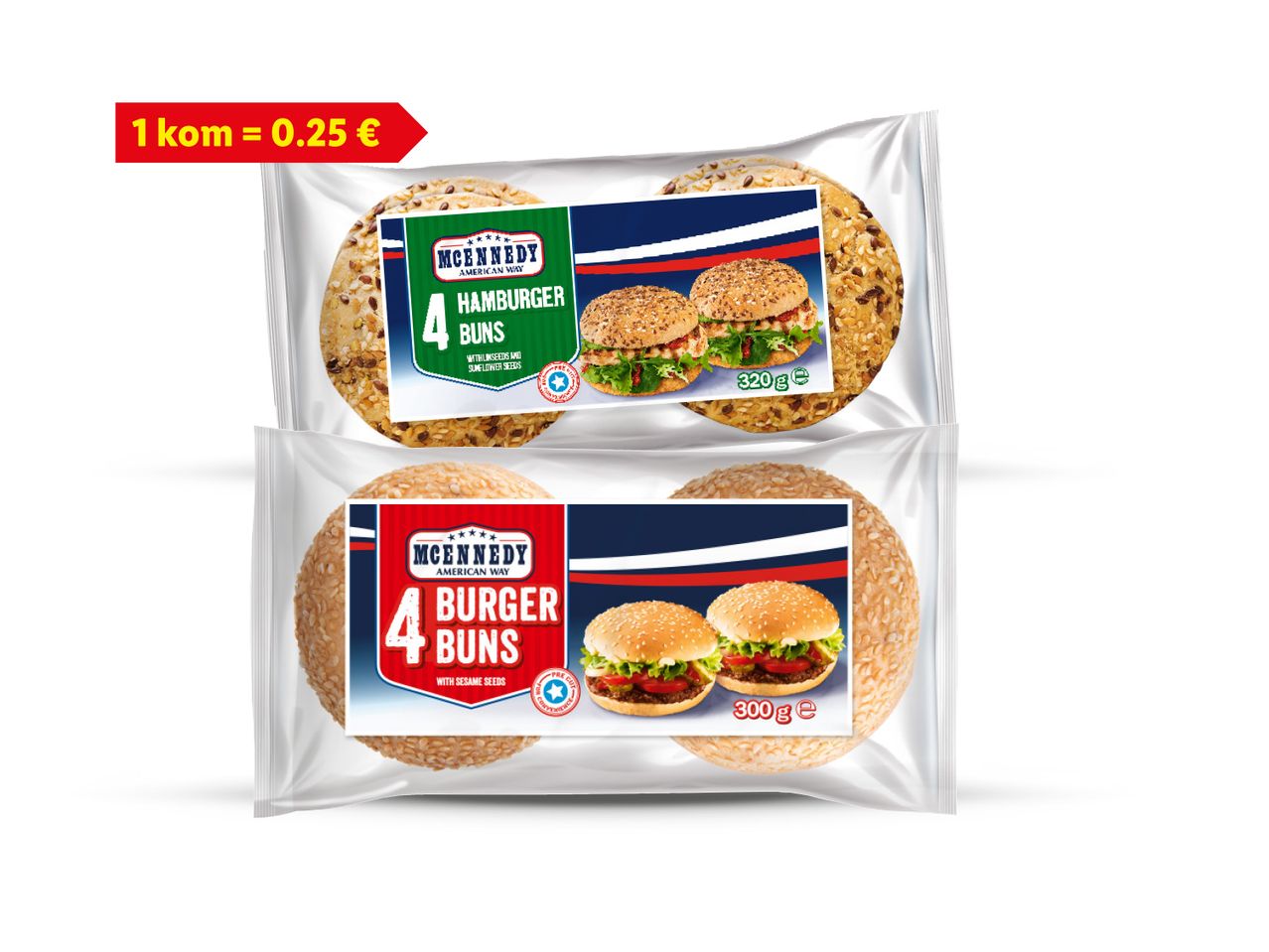 Dva pakiranja McEnnedy hamburger peciva, jedno sa sjemenkama lana i suncokreta (320g), drugo sa sezamom (300g), s cijenom 1 kom = 0.25 €.