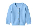 Light blue knitted baby cardigan with wooden buttons
