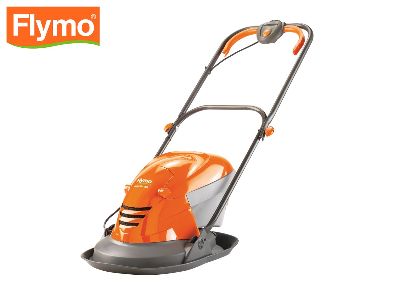 Orange and grey hover lawn mower with a black handle on a white background.