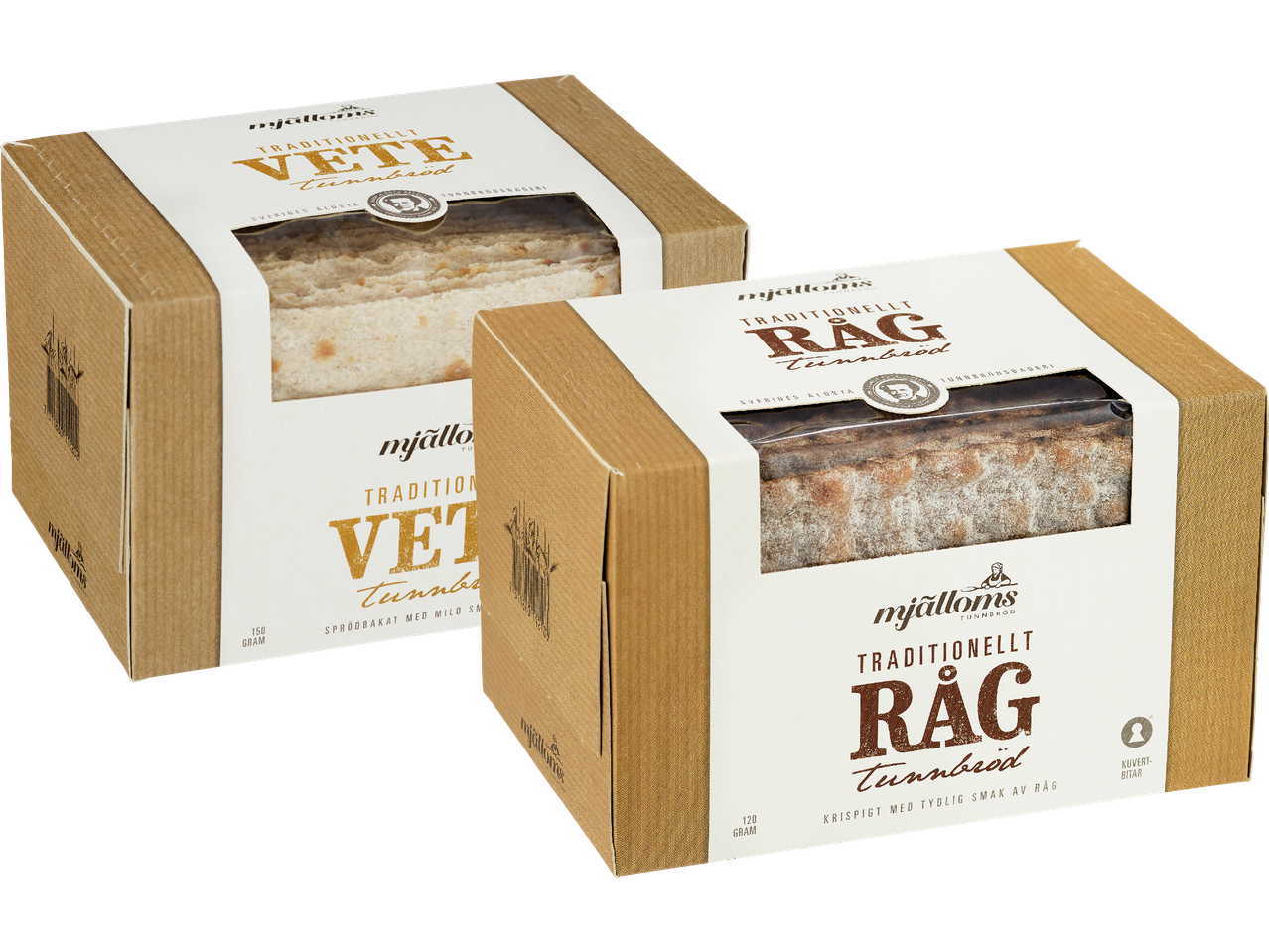 Två förpackningar mjälloms tunnbröd, en med vete och en med råg.