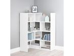 White corner shelving unit with various decorative items and books