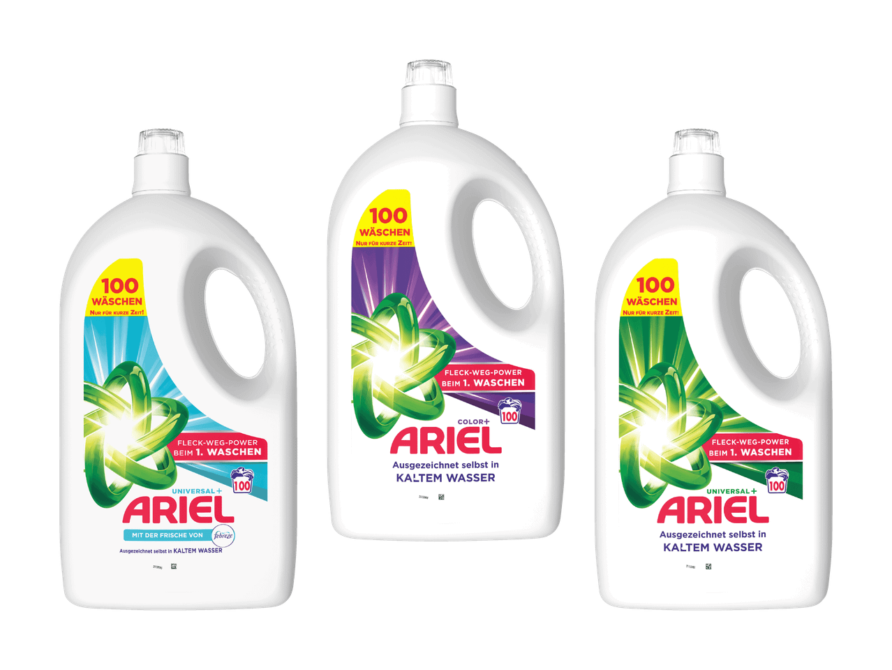 Tre flaconi di detersivo liquido Ariel, Universal+ e Color+, per 100 lavaggi.