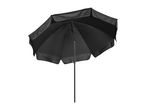 Black parasol with a two-tiered canopy, angled to the left, on a white background.