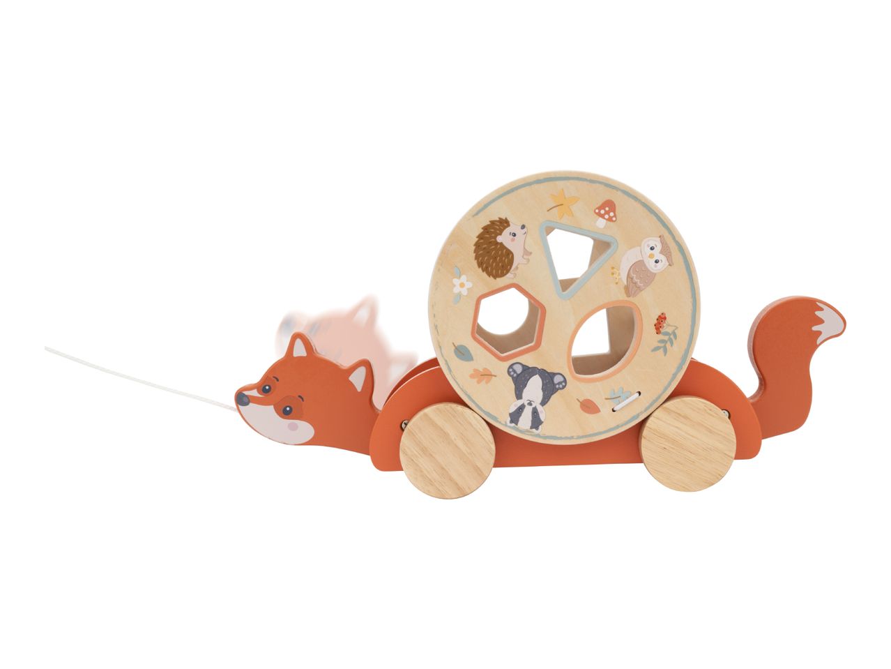 Wooden fox pull-along toy with a shape sorter featuring forest animals.