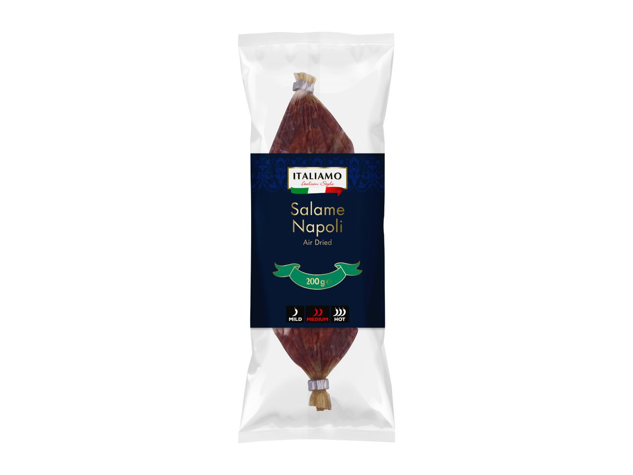 Air-dried salami in clear packaging with a dark blue label, indicating medium spice and 200g.