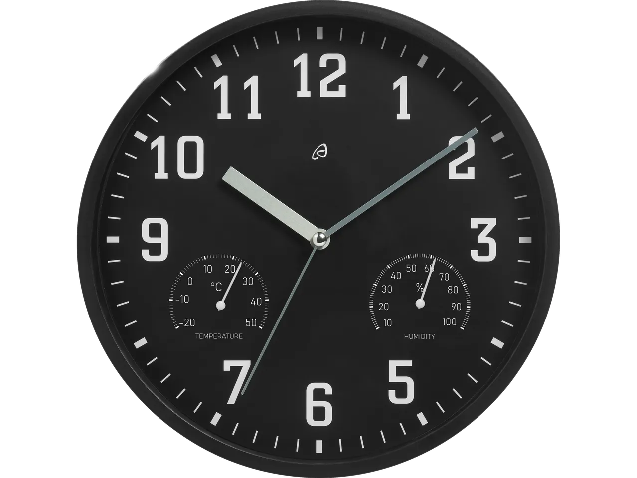 A black wall clock with integrated thermometer and hygrometer displays the time, temperature, and humidity.