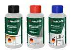 Drei Flaschen Parkside-Reiniger: Rostentferner, Silikonfugenentferner und Entkalker.
