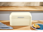 SILVERCREST® Bread Bin in cream, with a blue cloth and toast on a plate.