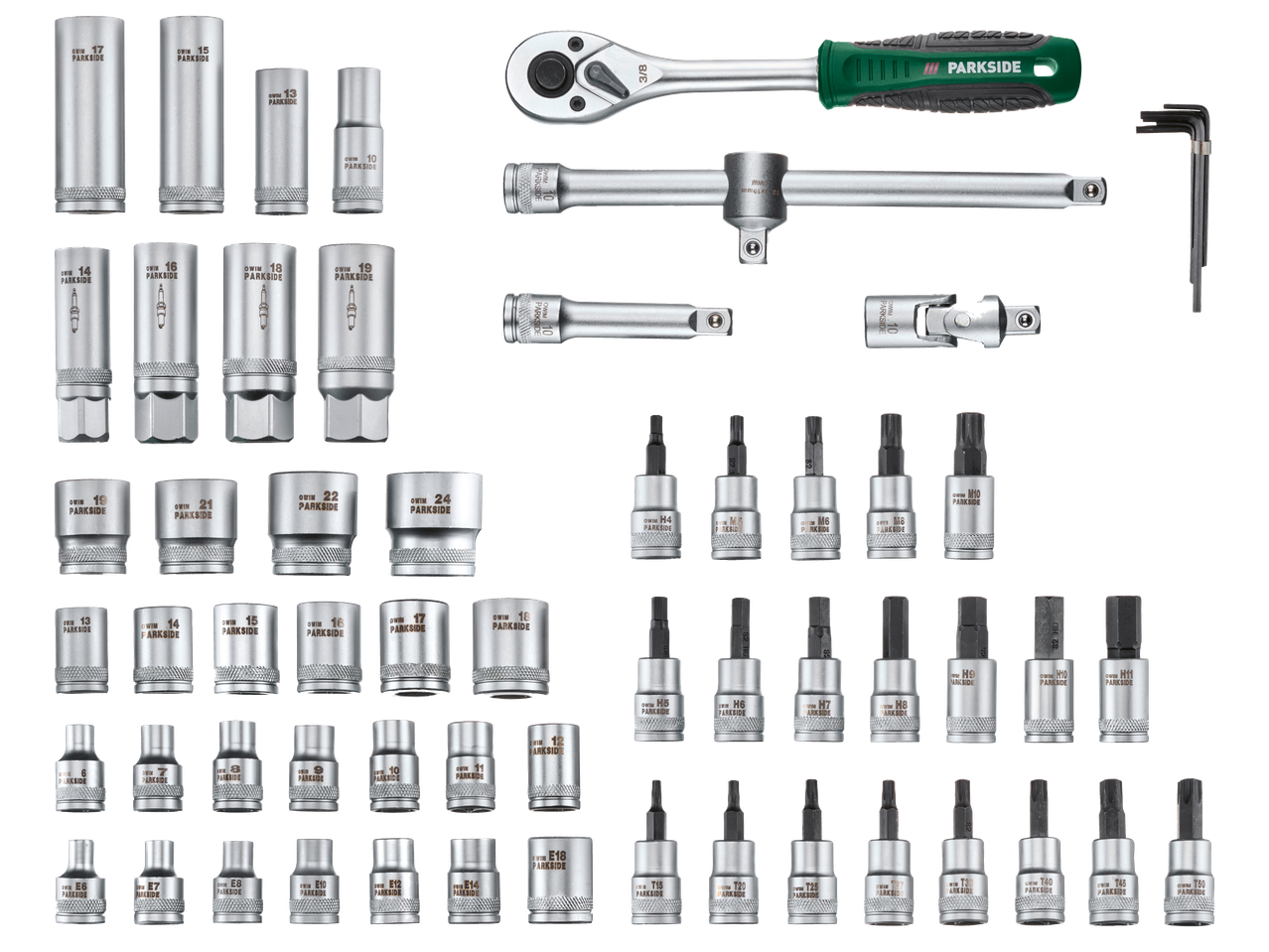 Комплект от 65 части с различни видове вложки, тресчотка, удължители и шестограми.