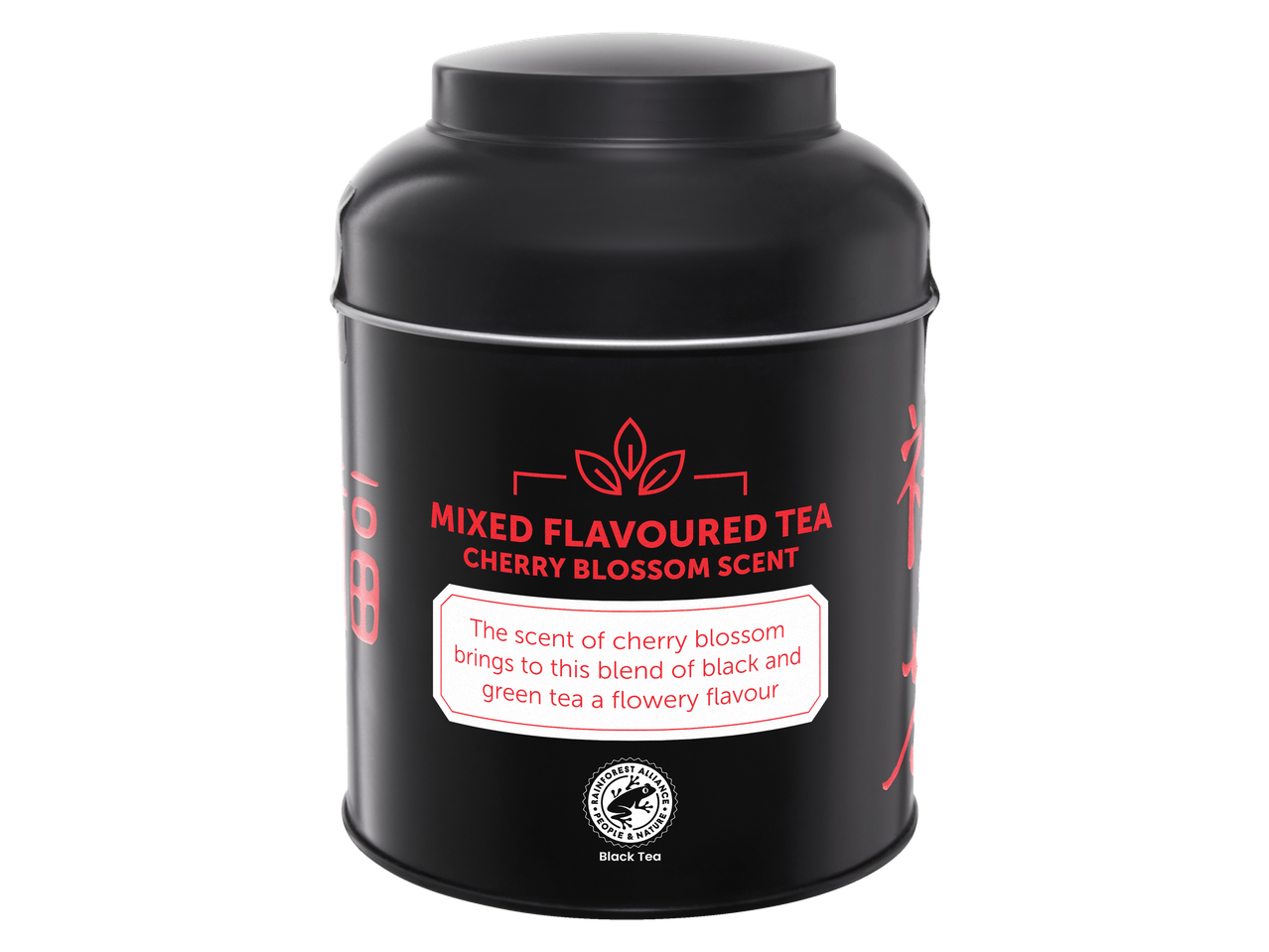 Chá preto e verde com aroma de flor de cerejeira em lata.