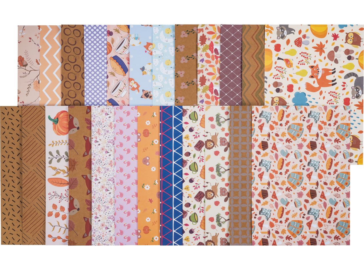 Комплект от 20 листа двустранна хартия за скрапбукинг с есенни и животински мотиви.