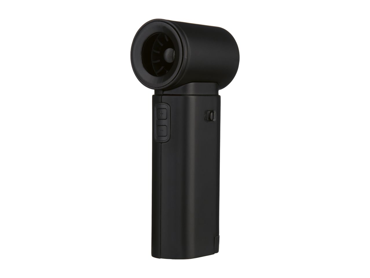 Black handheld fan with a cylindrical head and control buttons on the side