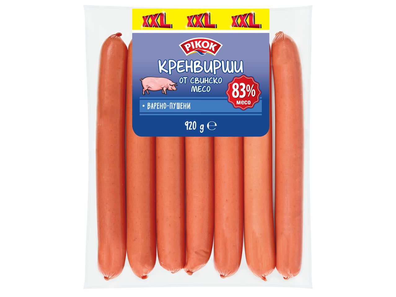 Опаковка с варено-пушени кренвирши от свинско месо (83% месо), 920 г, XXL размер.