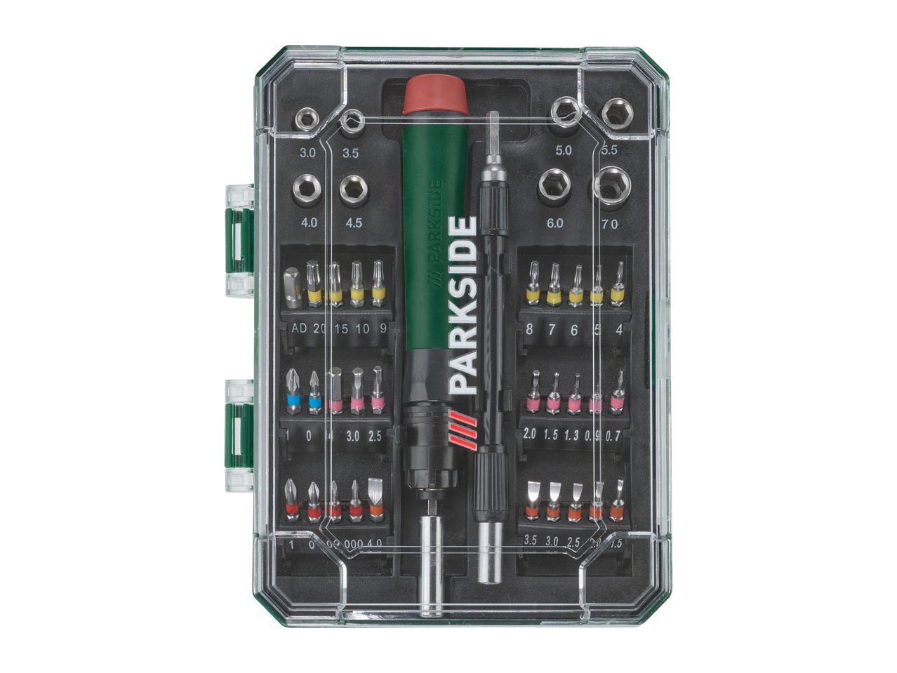 A Parkside screwdriver set with various bits and nut drivers in a clear case.