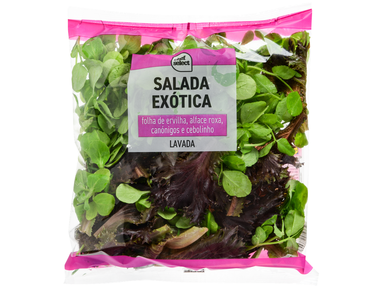 Salada Exótica Chef Select com folha de ervilha, alface roxa, canónigos e cebolinho.