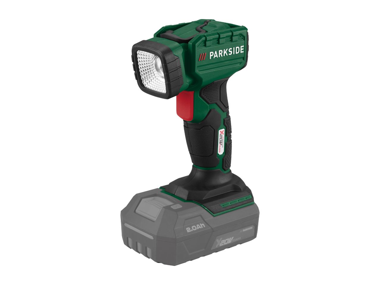 Cordless work light with a green and black body, red trigger, and a 2.0Ah battery pack.