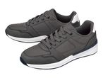 Pair of dark grey men's sneakers with white soles and blue accents.