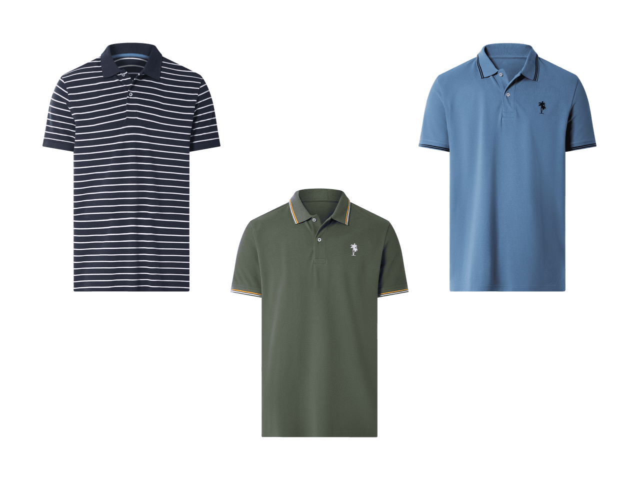 Trois polos : rayé bleu marine, vert olive avec broderie palmier et bleu clair.