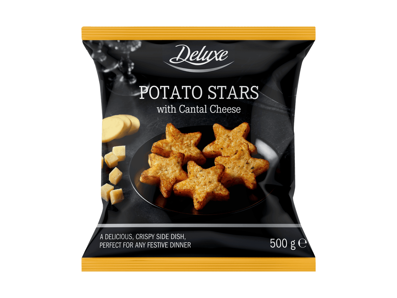 Deluxe Kartoffelsterne mit Cantal Käse in einer Packung.