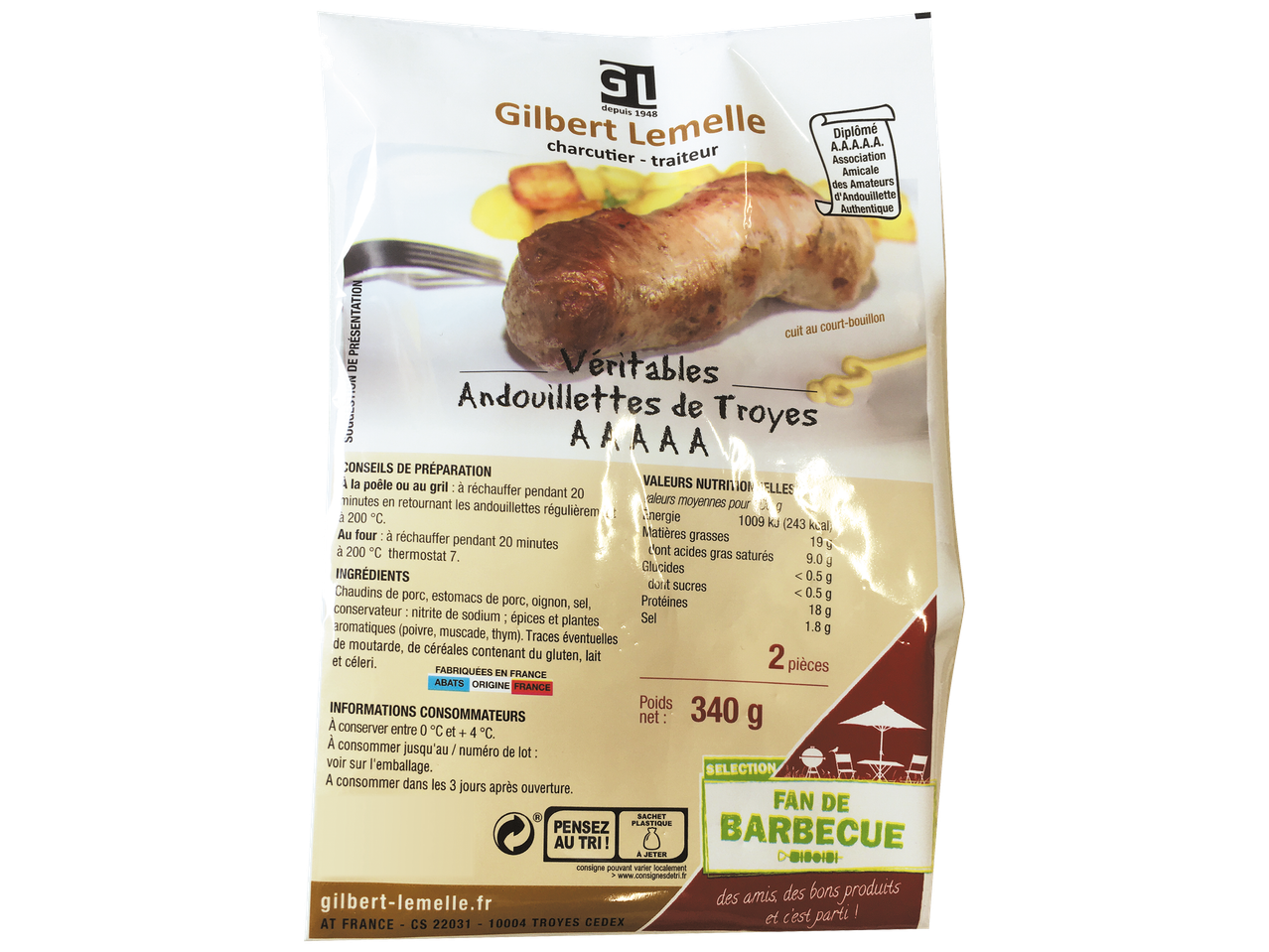 Emballage d'andouillettes de Troyes avec des instructions de cuisson et des informations nutritionnelles.