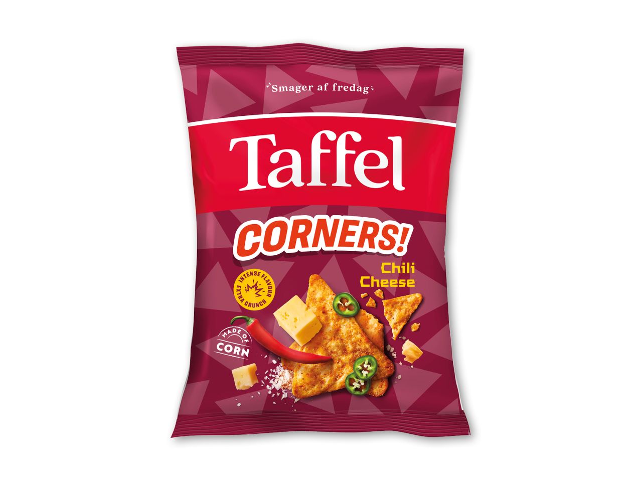 En pose majschips med chili og ost, der lover intens smag og ekstra knas.