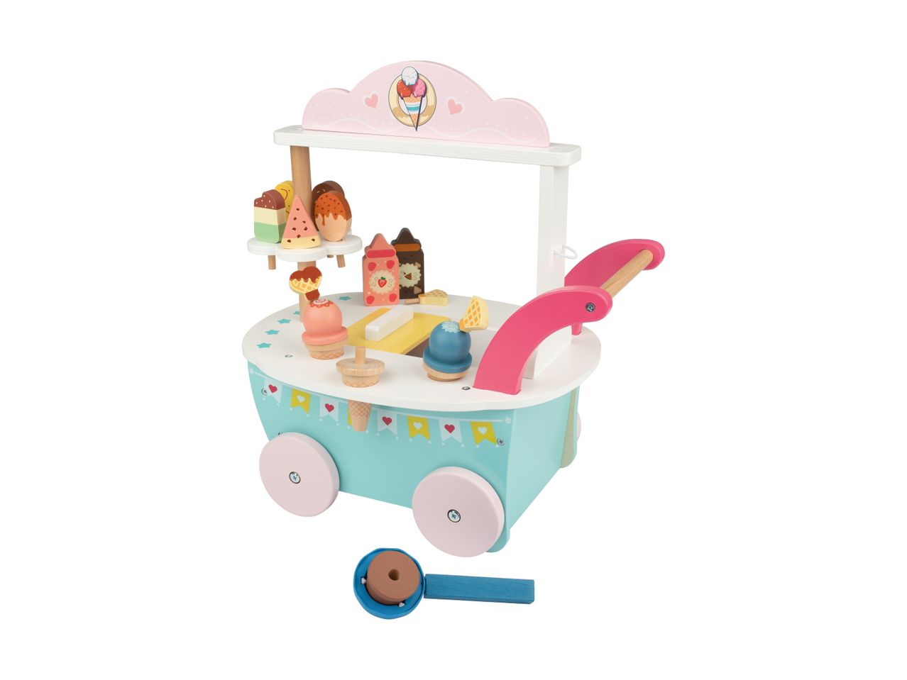 Wooden ice cream cart toy with various ice cream and topping accessories.