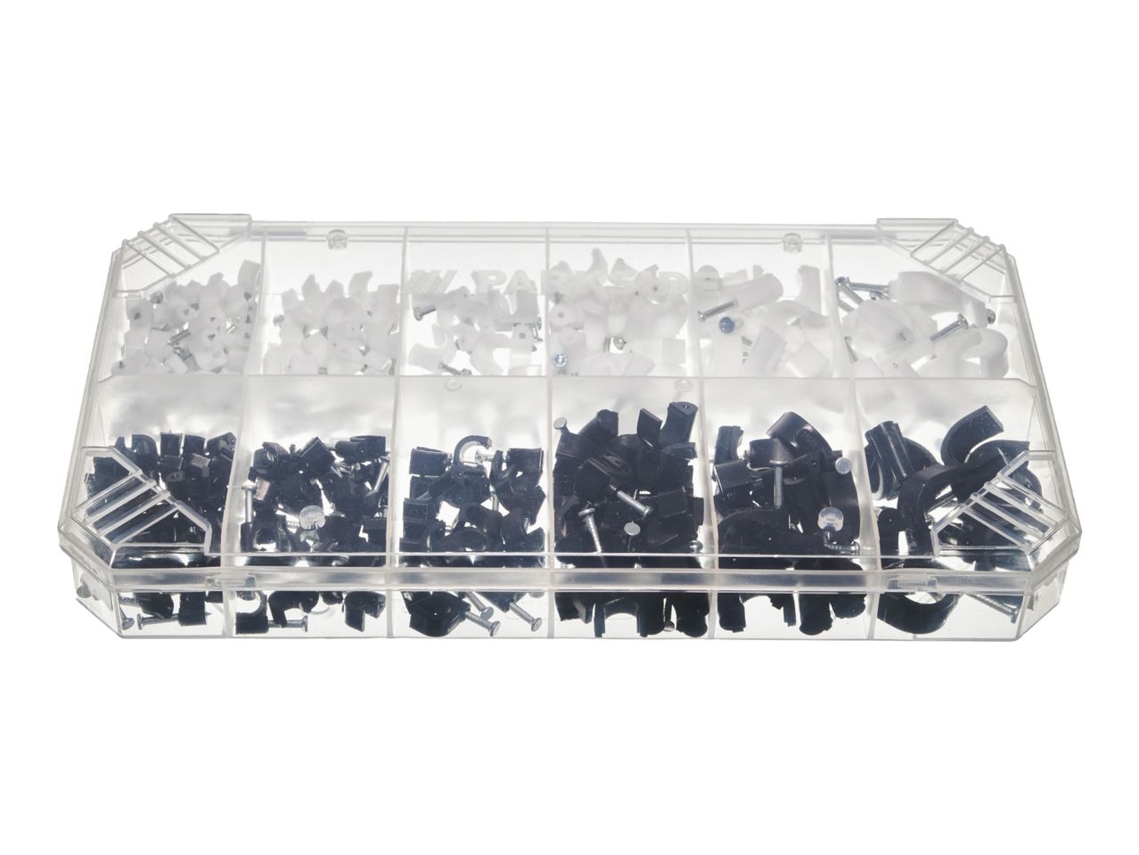 Clear organizer box with white and black cable clips and nails