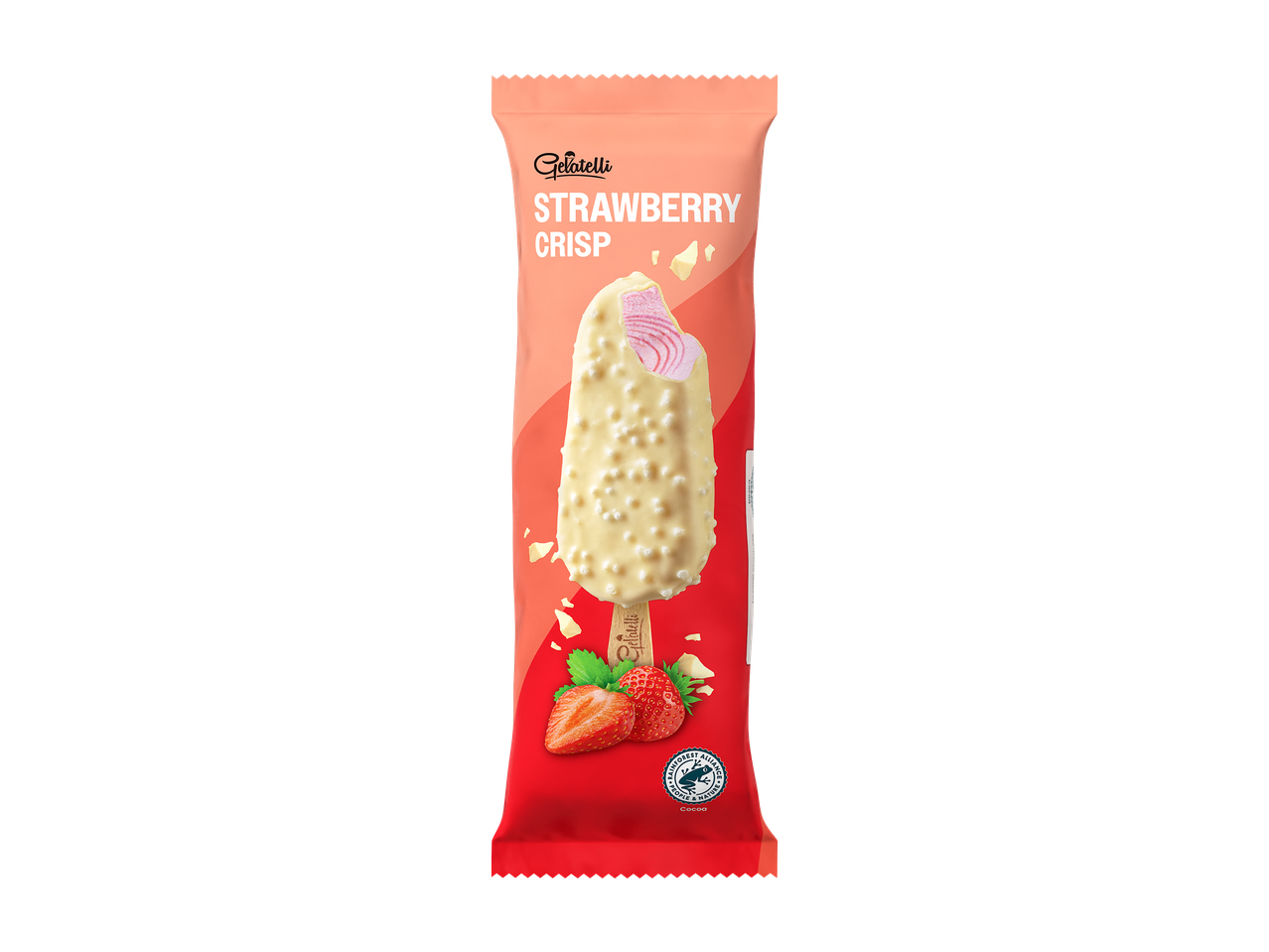 Mansikkajäätelöpuikko valkosuklaakuorrutteella ja mansikoilla, pakkauksessa teksti 'STRAWBERRY CRISP'.