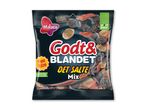 Pose med blandet slik i forskellige former og farver, med teksten 'Godt & Blandet Det Salte Mix'.