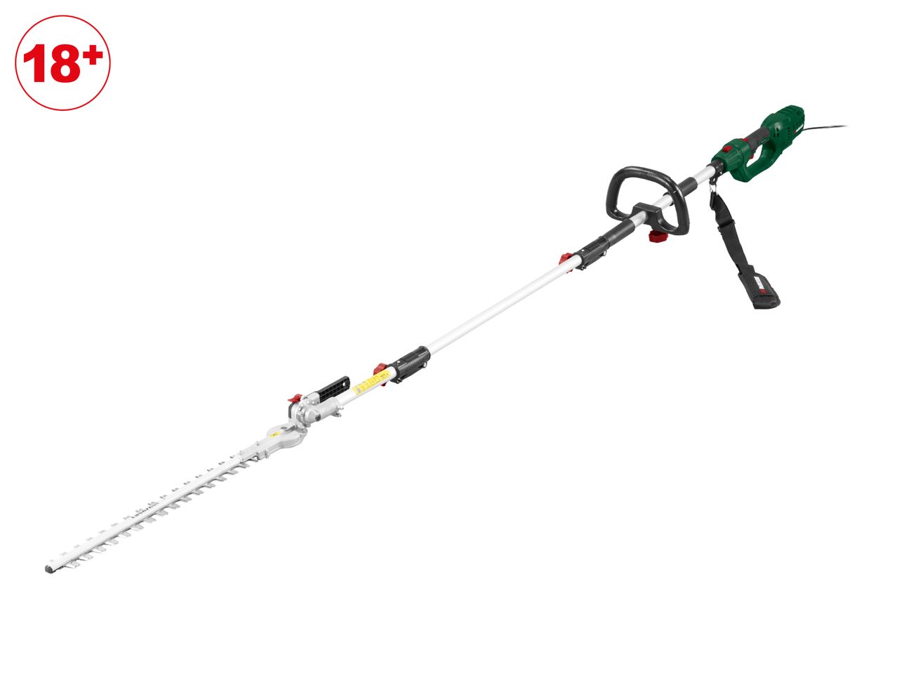 Long-reach electric hedge trimmer with an 18+ age restriction symbol.