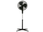 A black pedestal fan with three blades stands on a black, four-legged base.