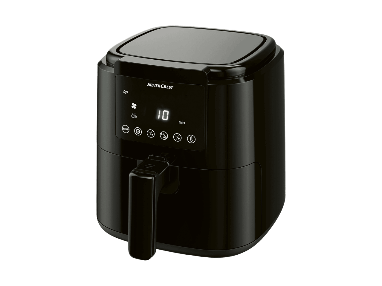Schwarze Heißluftfritteuse mit Digitalanzeige, die 10 Minuten und Bediensymbole anzeigt.