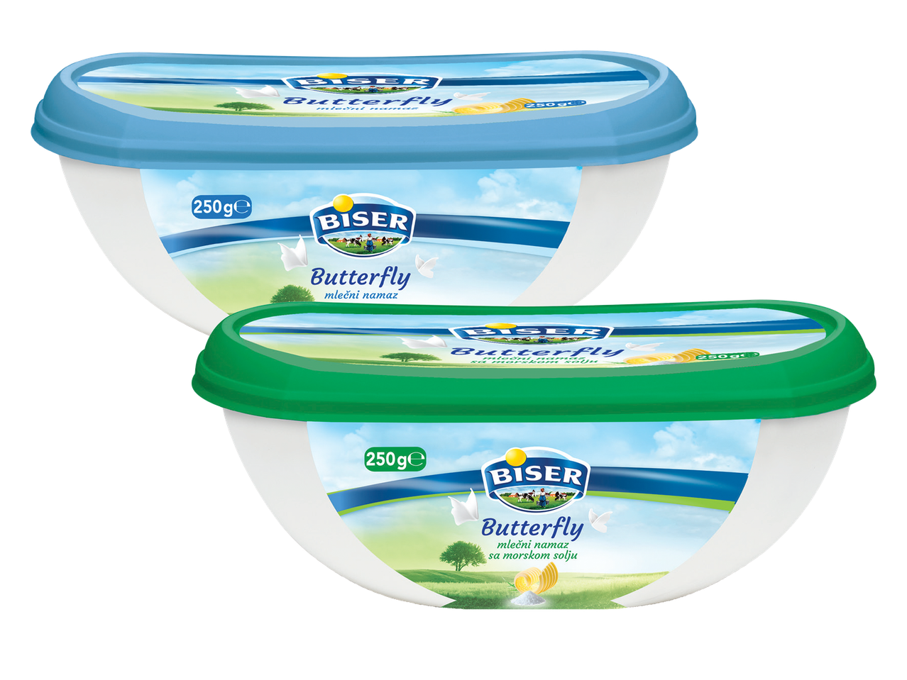 Dva pakovanja mlečnog namaza sa plavim i zelenim poklopcem, jedno sa morskom solju.