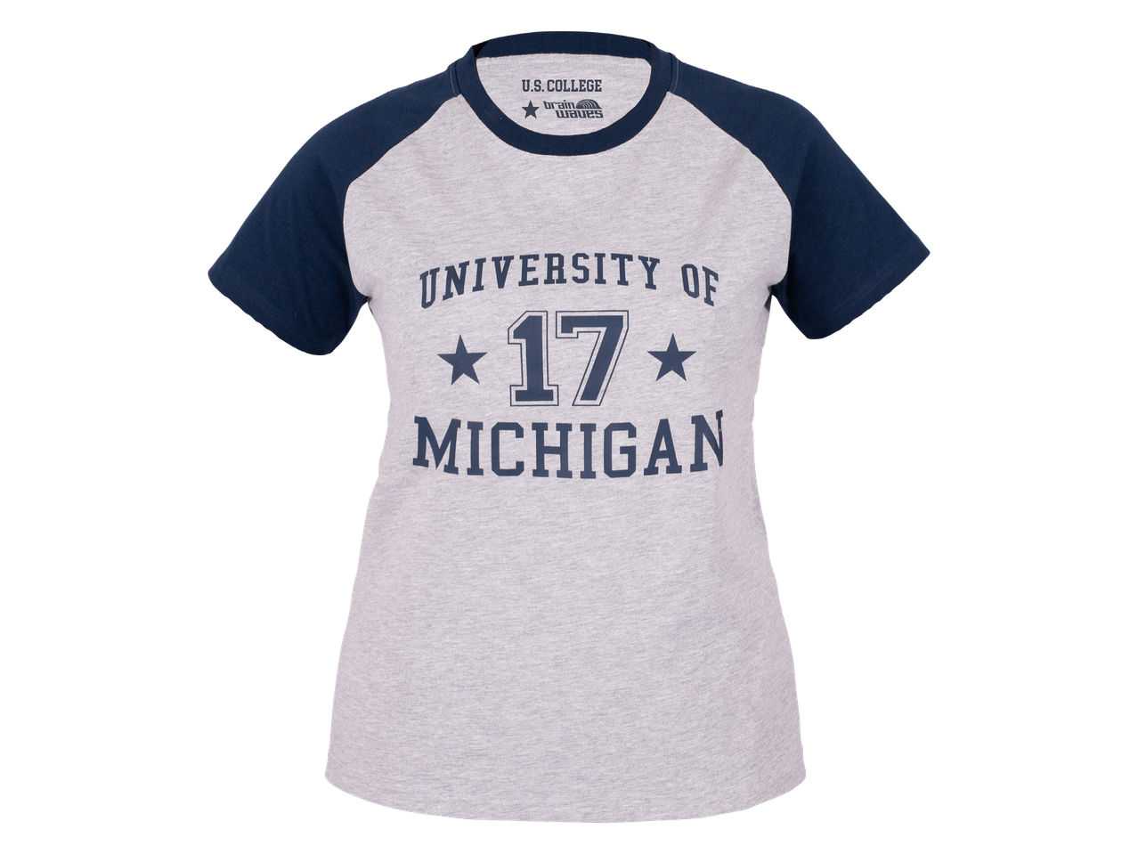 Сива тениска с тъмносини ръкави и надпис 'UNIVERSITY OF MICHIGAN 17'