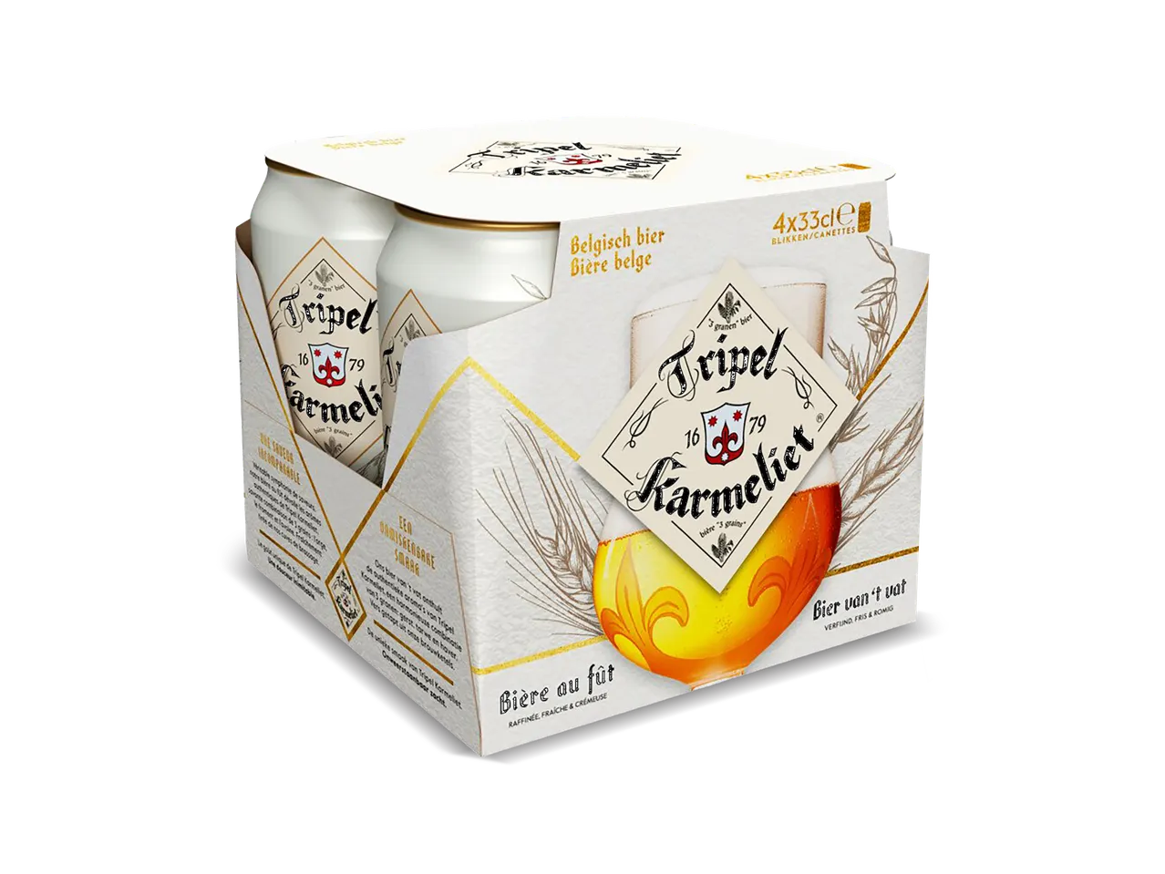 Tripel Karmeliet bier in blikken, 4x33cl verpakking, met een glas bier en graanillustraties.