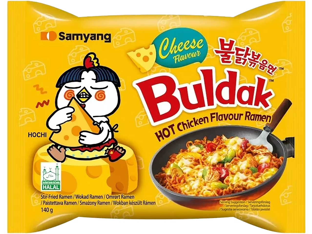 Samyang Buldak aštri vištienos skonio sūrio ramenų pakuotė su Hachi personažu.