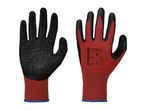 Pair of red and black work gloves with textured palms and safety certifications.
