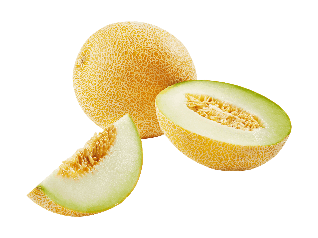 Melone intero, mezzo melone e fetta di melone con semi su sfondo nero.